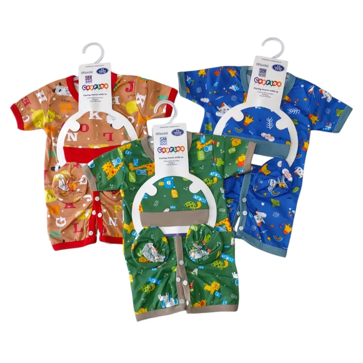 set 3 in 1 romper segi empat print kodok + topi + sarung kaki bayi